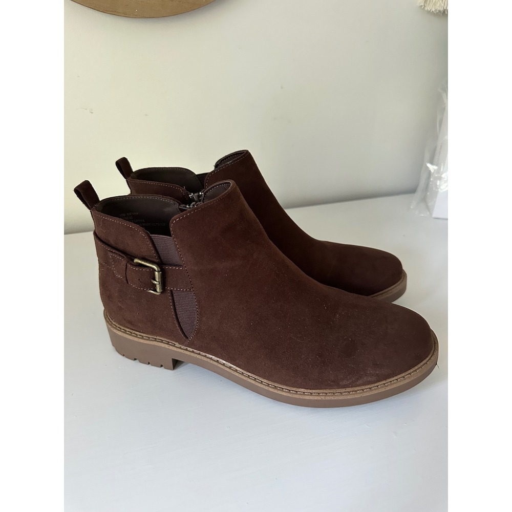 Esprit Sienna Brown Faux Suede Ankle Boots Women 10M Buckle Zip Lug Sole E1SIE35